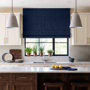 Royal Blue Linen Kitchen Roman Blinds in a Bright Classic Kitchen with Cream Cabinetry - Blackout Lining