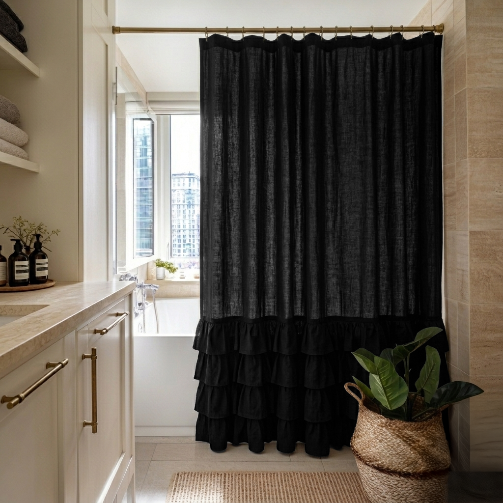 Black Linen Ruffled Shower Curtain