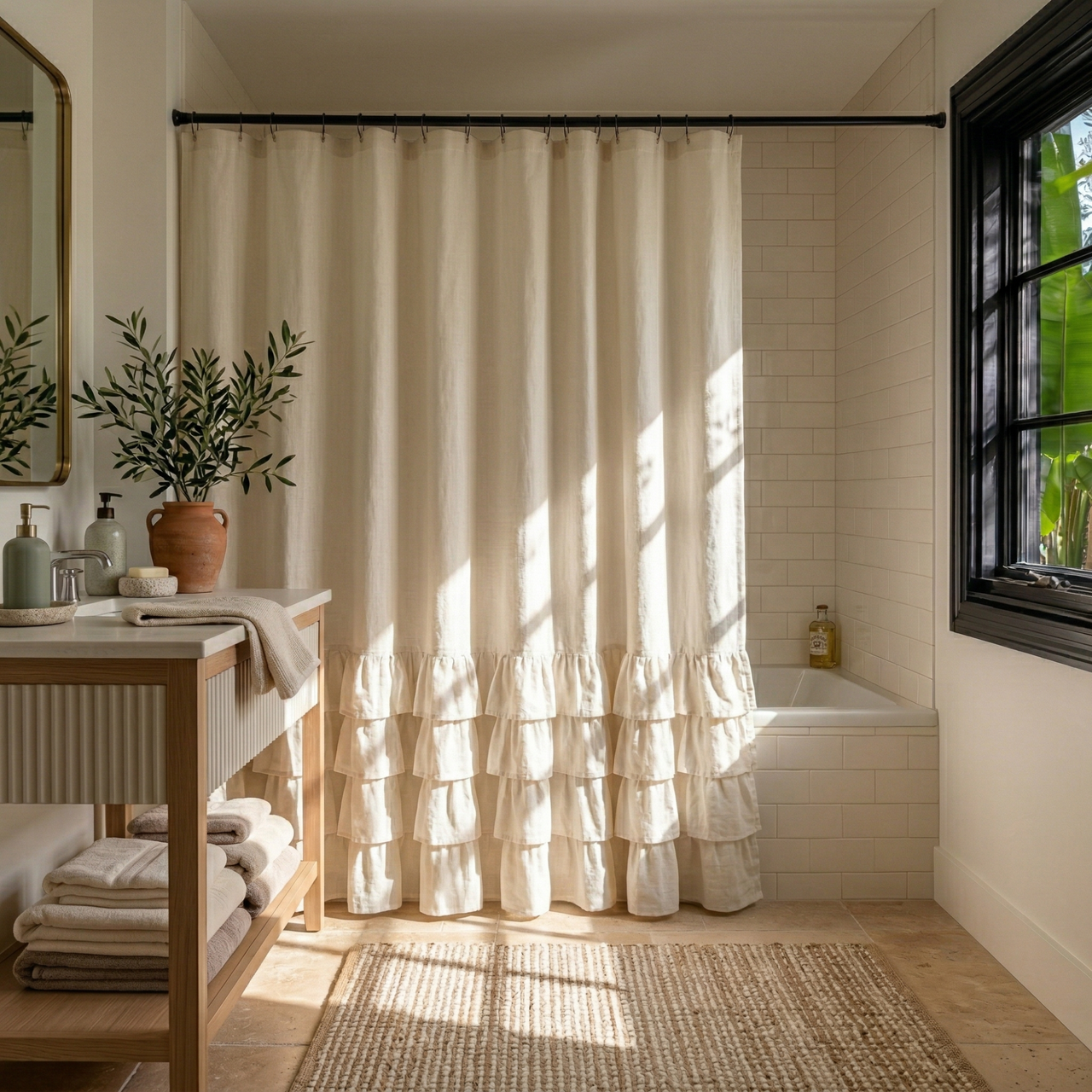 Cream Linen Ruffled Shower Curtain
