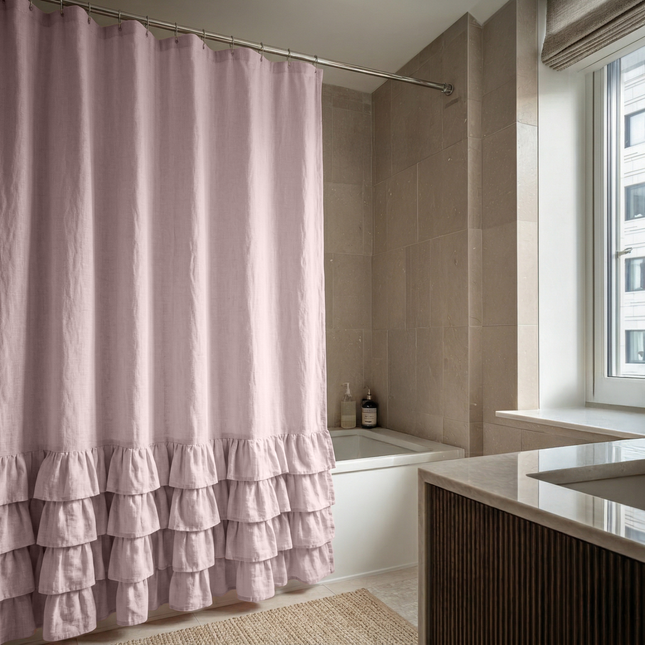 Dusty Pink Linen Ruffled Shower Curtain