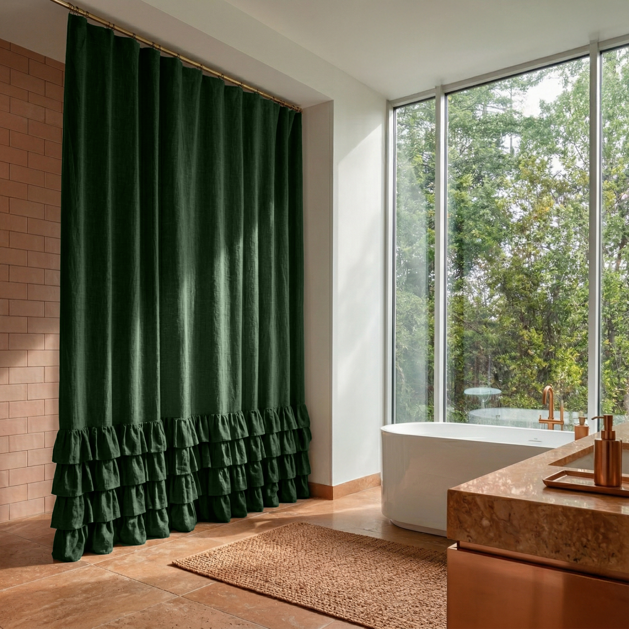 Forest Green Linen Ruffled Shower Curtain