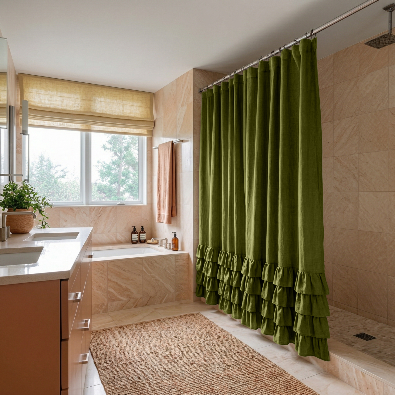 Moss Green Linen Ruffle Shower Curtain in a Bright Bathroom with Beige Stone Walls and Soft Peach Accents