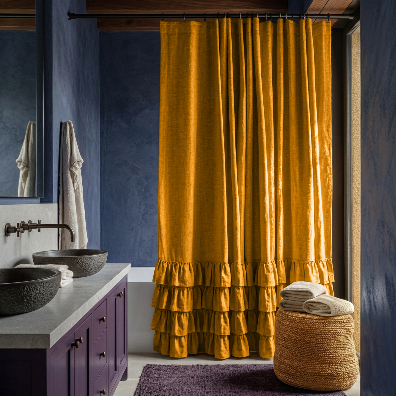 Mustard Yellow Linen Ruffled Shower Curtain