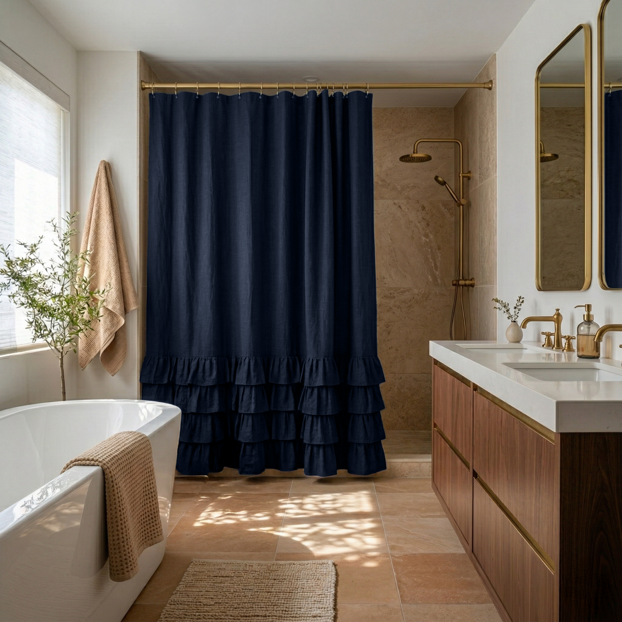Royal Blue Linen Ruffled Shower Curtain