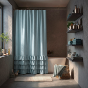 Sky Blue Linen Ruffle Shower Curtain in a Moody Bathroom with Charcoal Grey Walls 