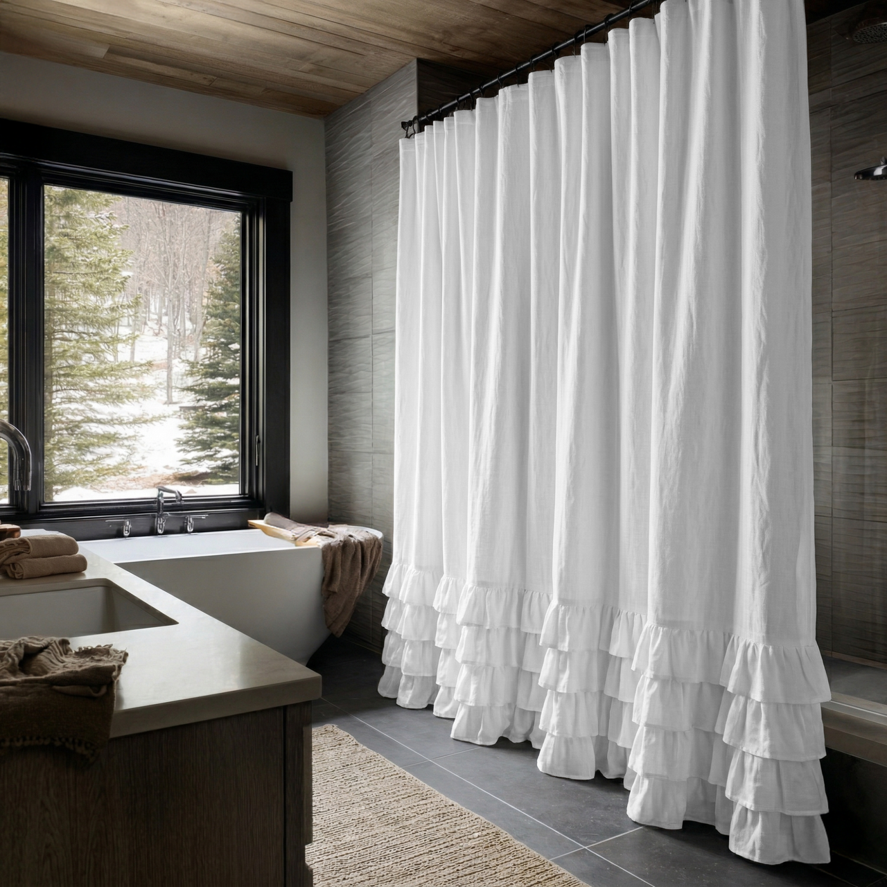 White Linen Ruffled Shower Curtain