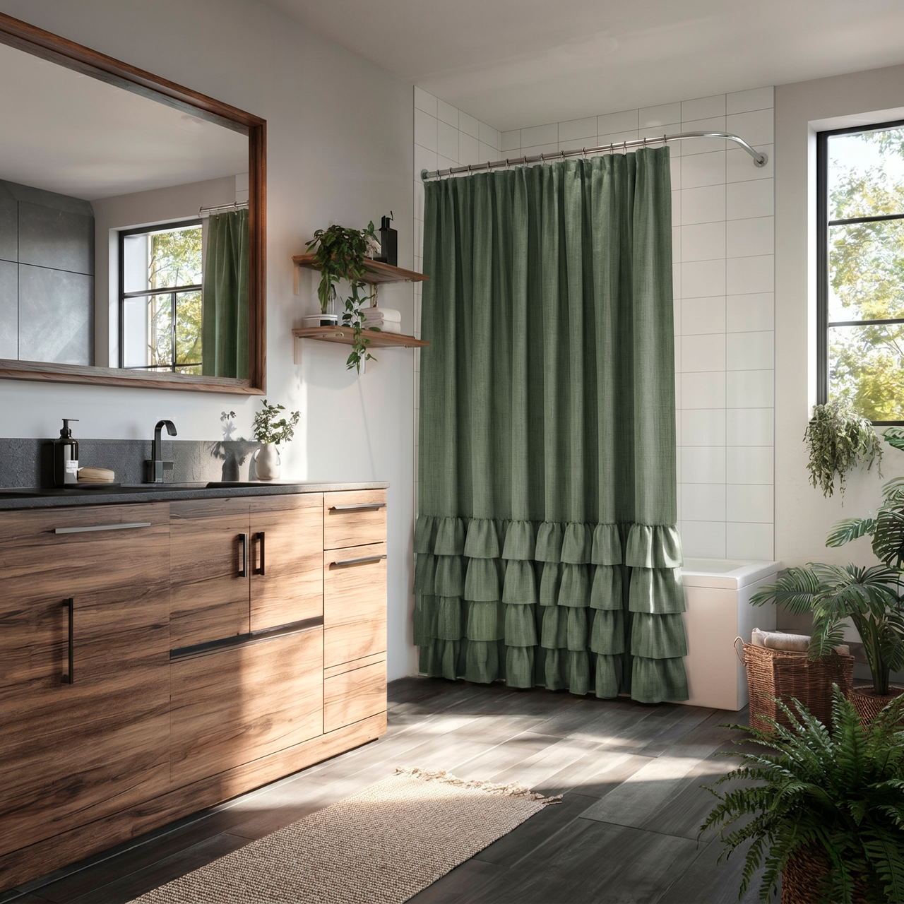 Asparagus Green Linen Ruffle Shower Curtain in a Bright Modern Bathroom