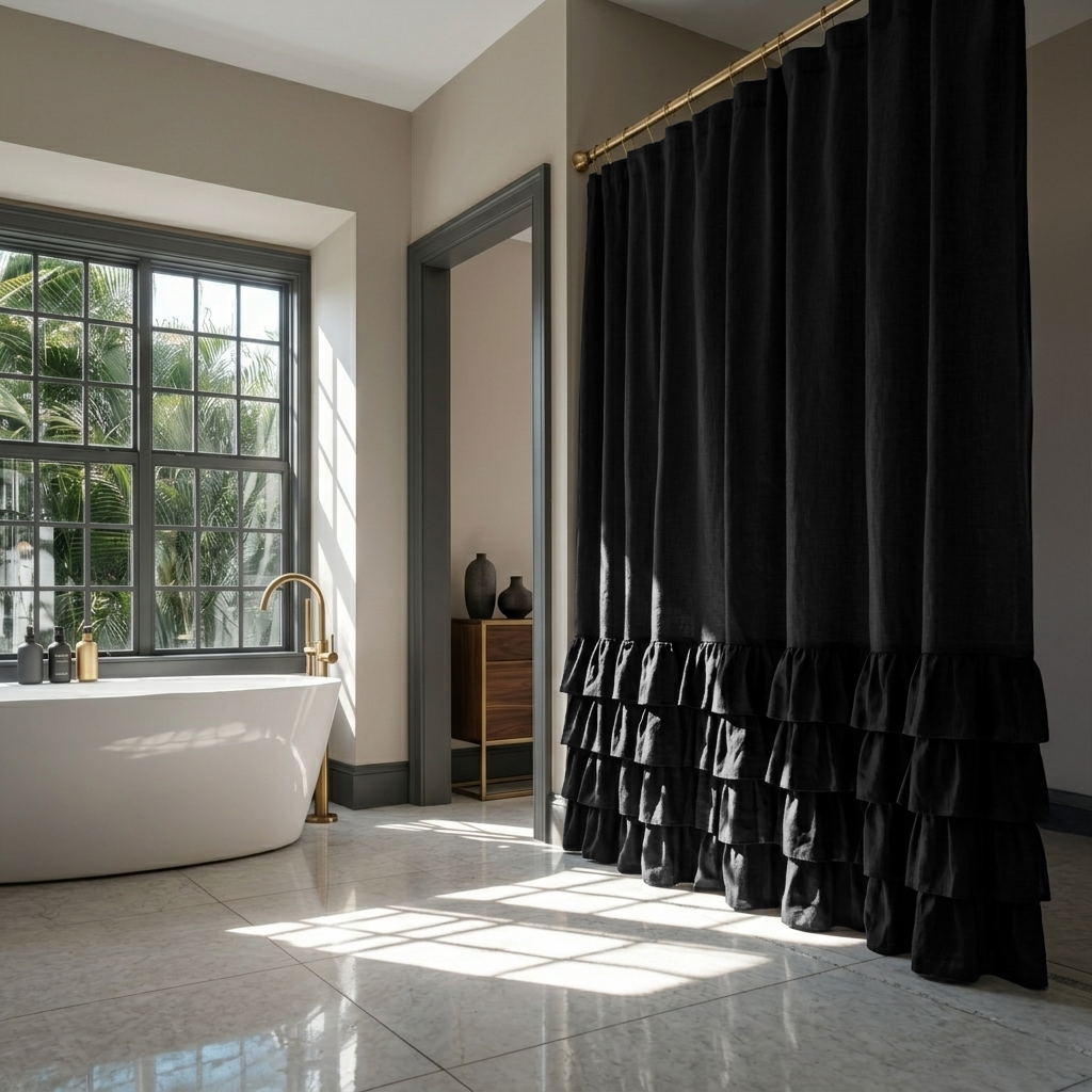 Black Linen Ruffled Shower Curtain