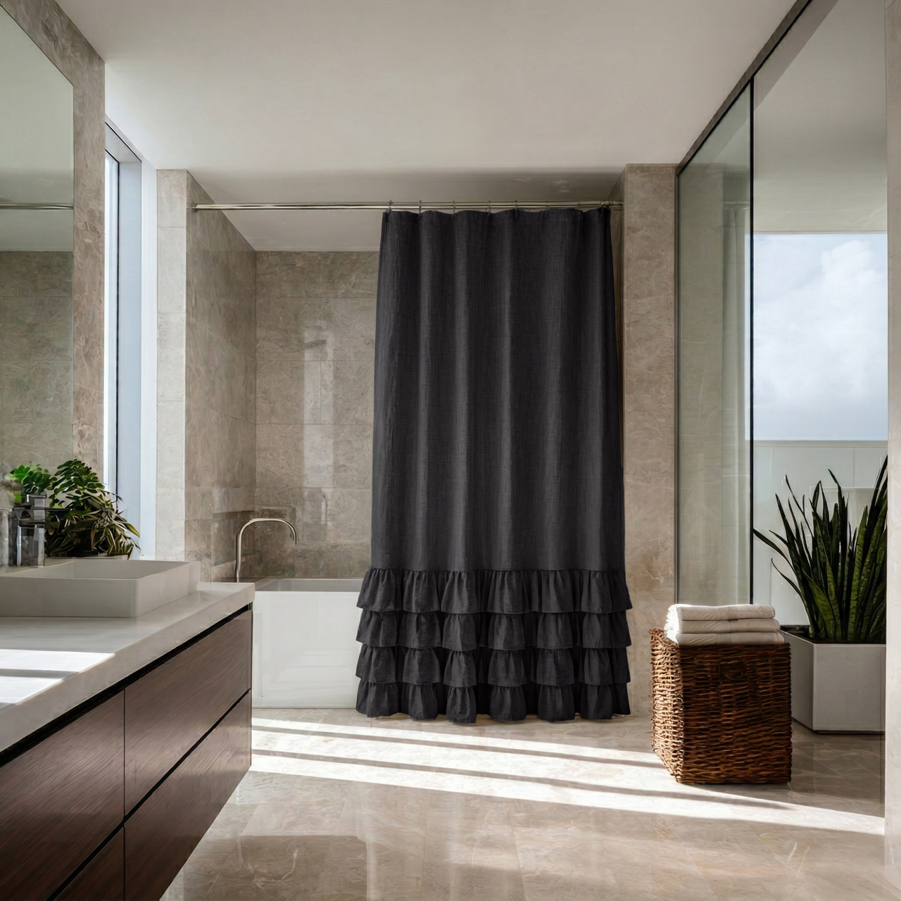 Charcoal Grey Linen Ruffled Shower Curtain