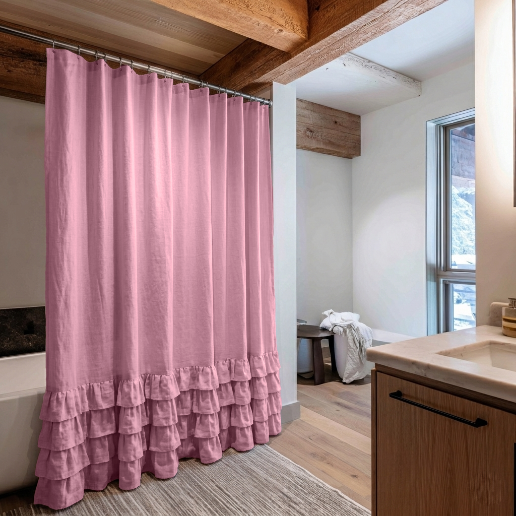 Dusty Rose Linen Ruffled Shower Curtain