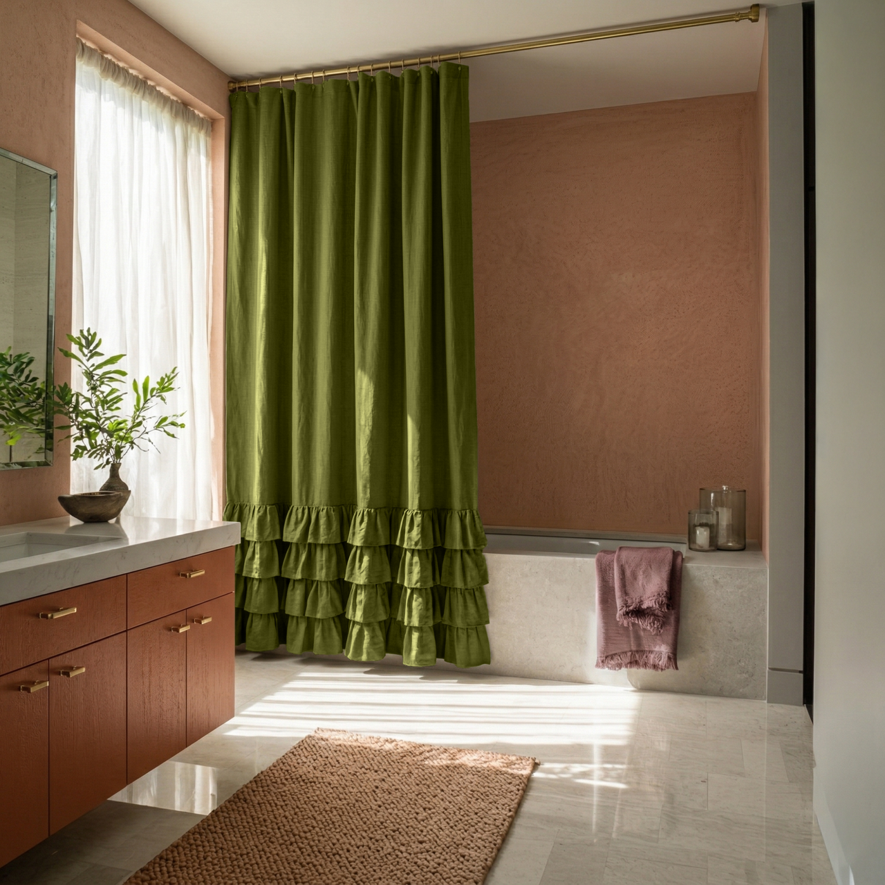 Moss Green Linen Ruffle Shower Curtain in a Warm Contemporary Bathroom with Blush Plaster Walls