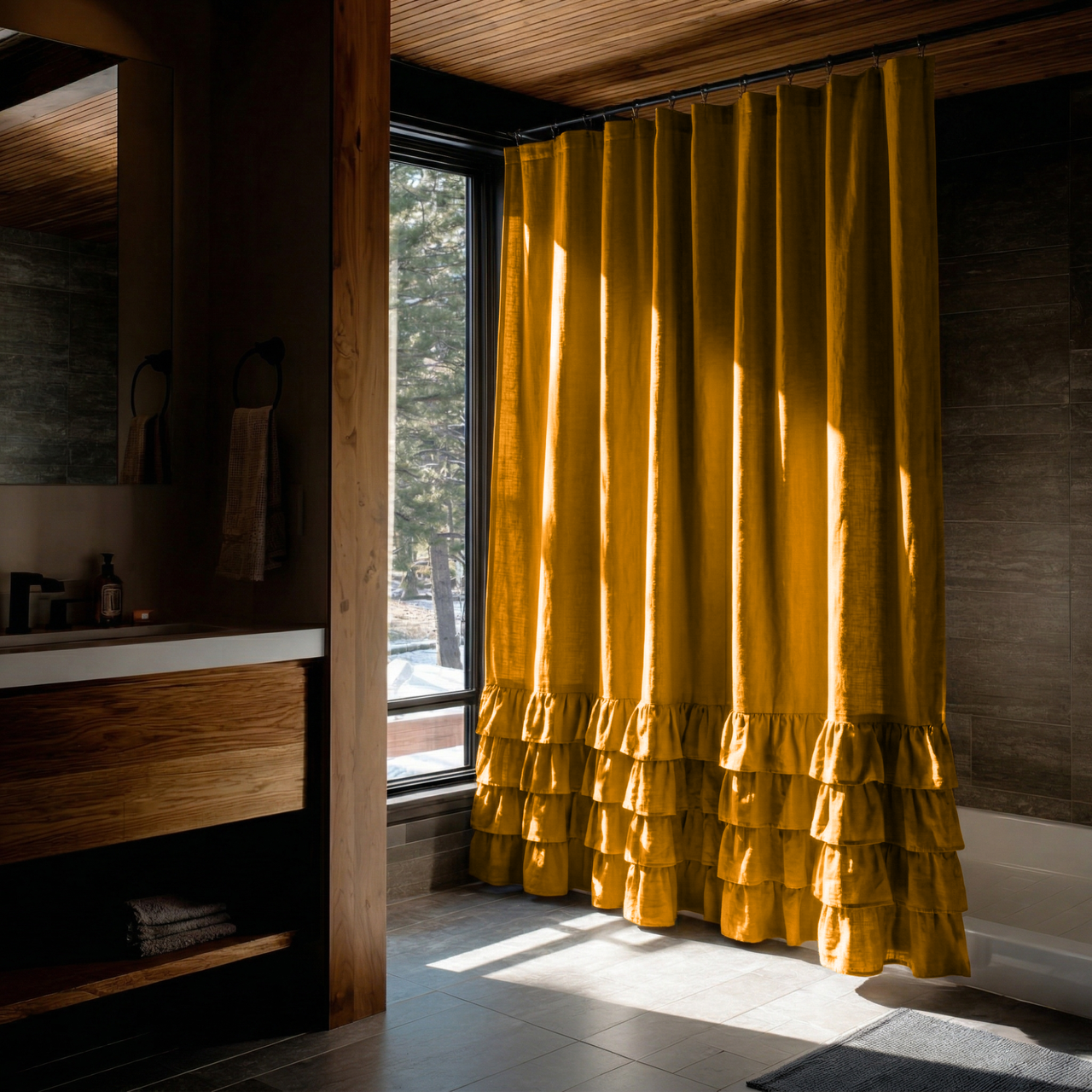 Mustard Yellow Linen Ruffled Shower Curtain