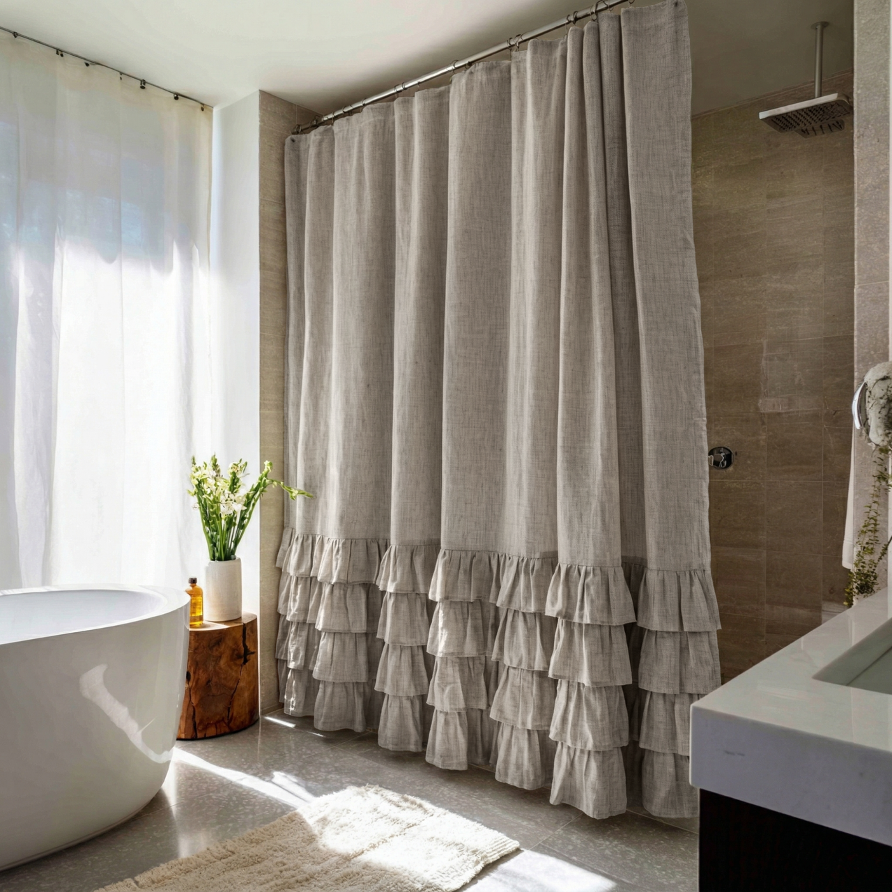 Natural Linen Ruffled Shower Curtain