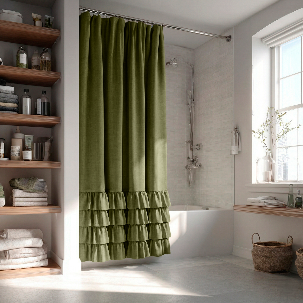 Olive Green Linen Ruffle Shower Curtain in a Bright Bathroom with Natural Wood Accents