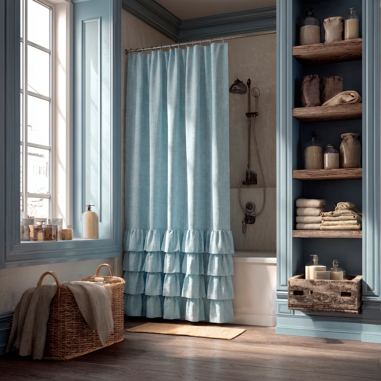 Sky Blue Linen Ruffle Shower Curtain in a Classic Bathroom with Soft Powder Blue Paneling and Natural Wood Accents
