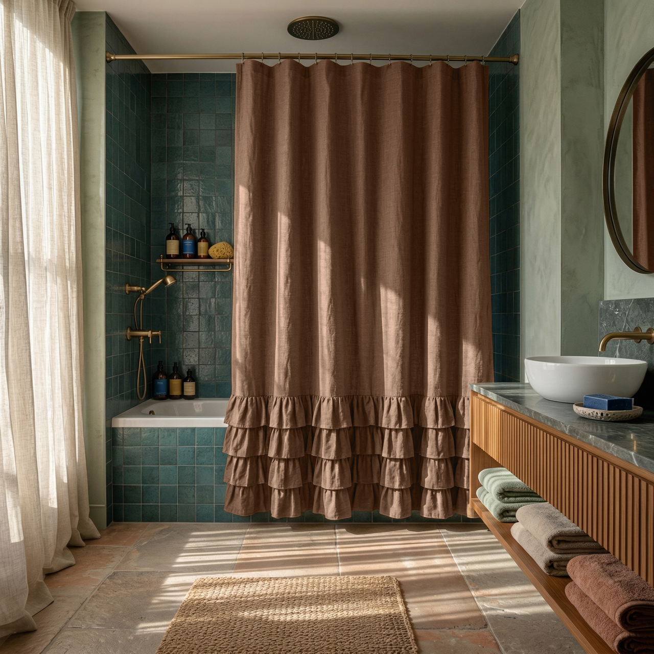 Tawny Brown Linen Ruffled Shower Curtain