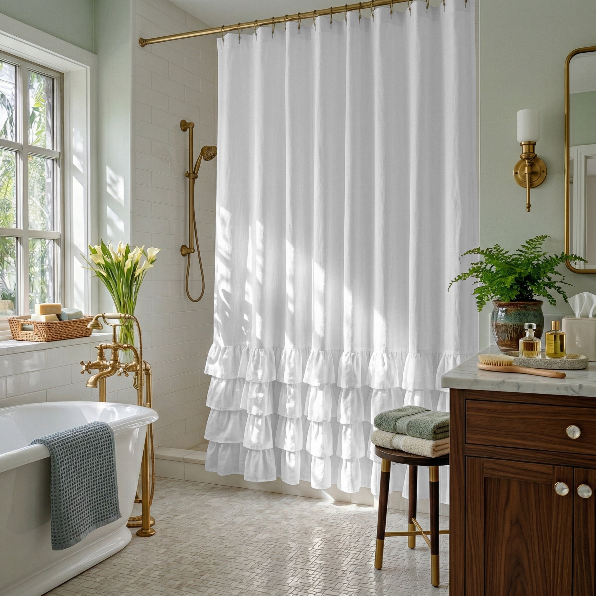 White Linen Ruffled Shower Curtain