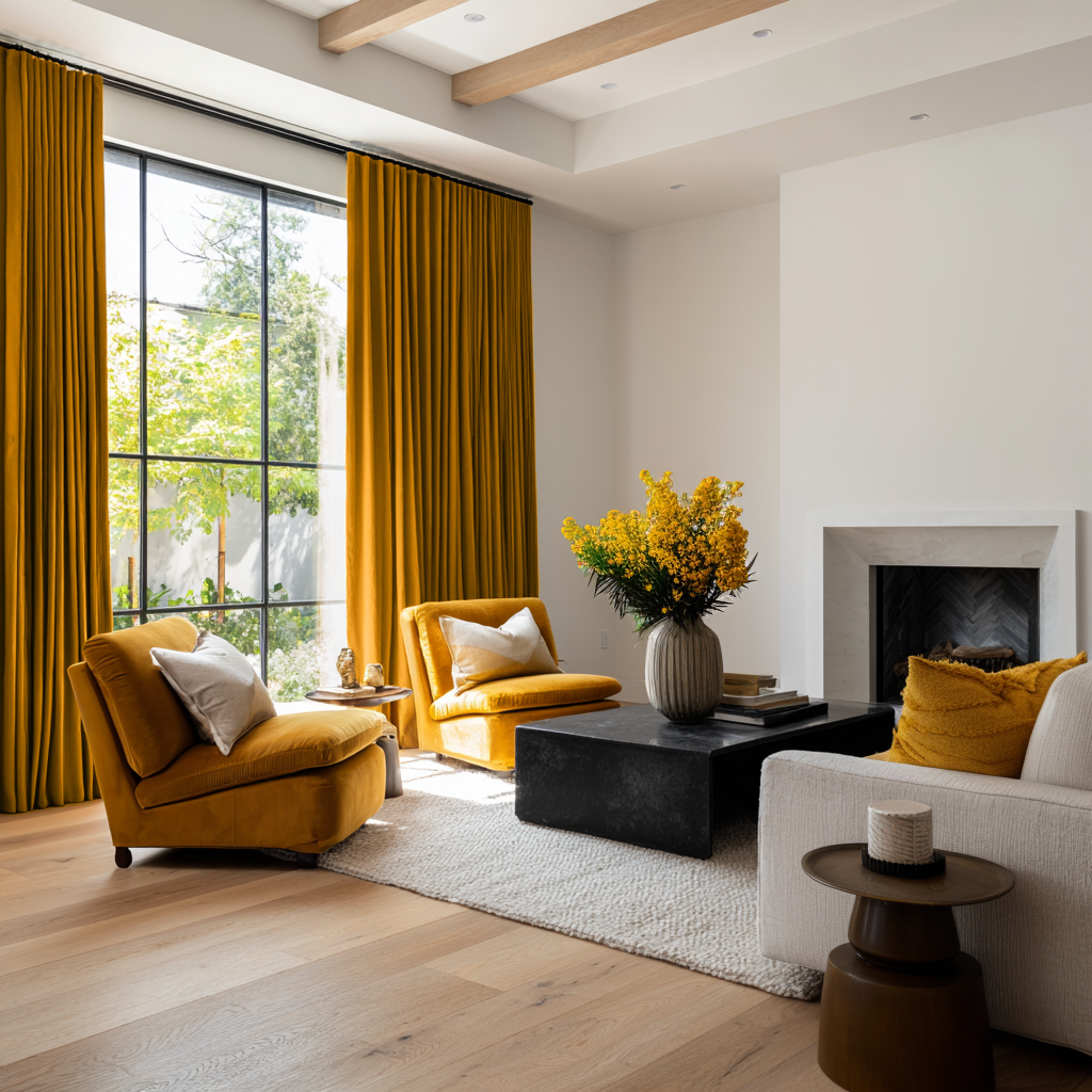 Mustard Yellow Linen Soundproof Curtains with Multitape