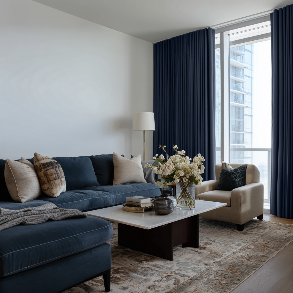 Royal Blue Linen Soundproof Curtains with Multitape