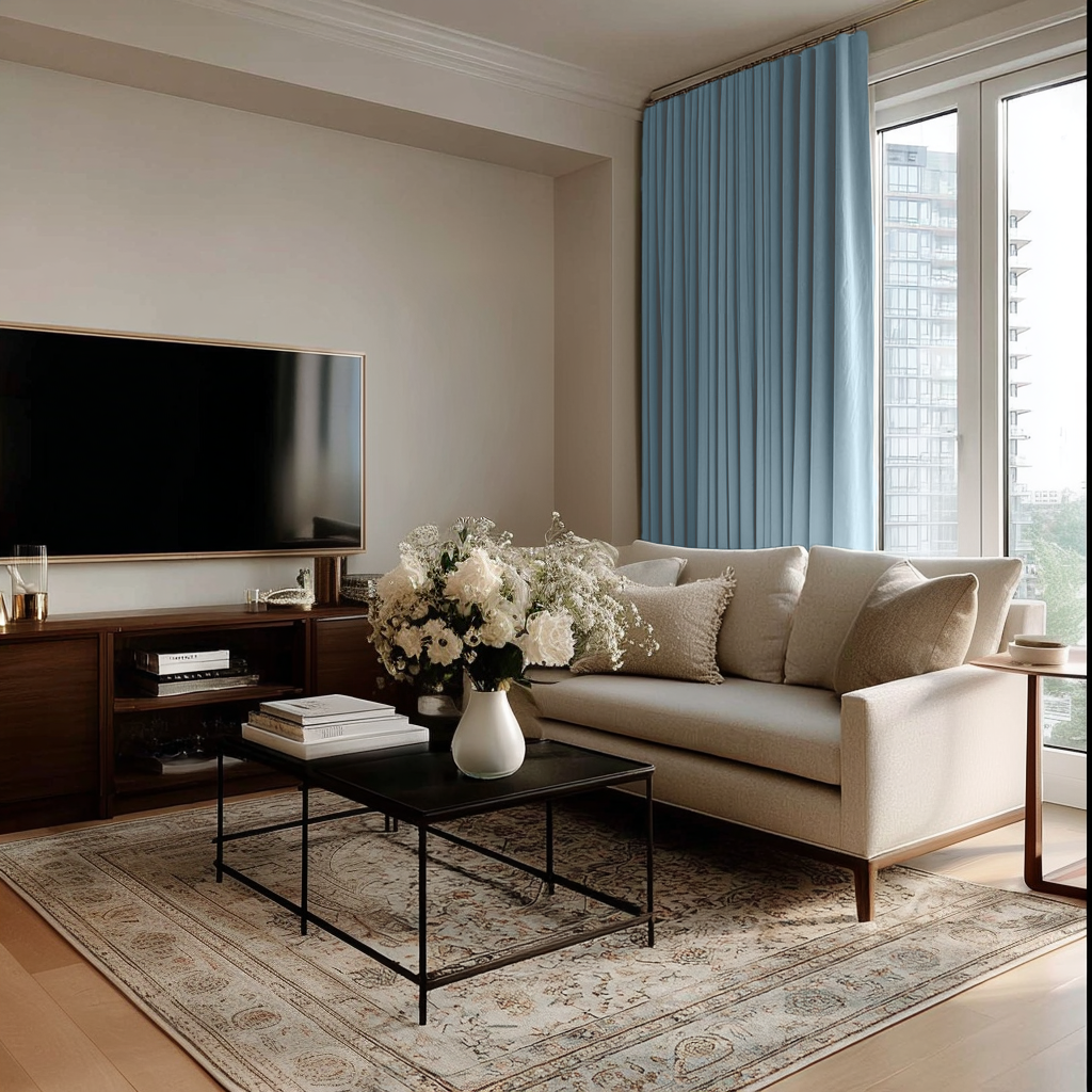 Sky Blue Linen Soundproof Curtains with Multitape