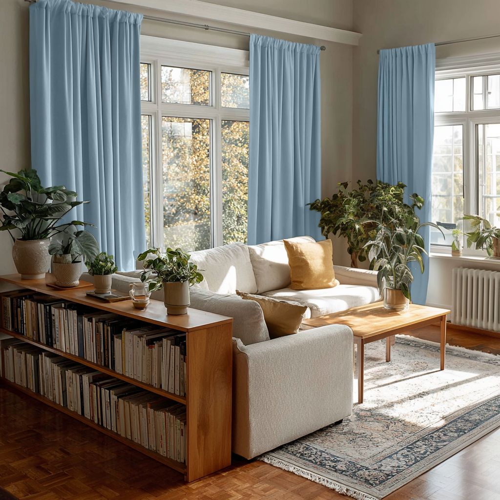 Sky Blue Linen Soundproof Curtains with Multitape
