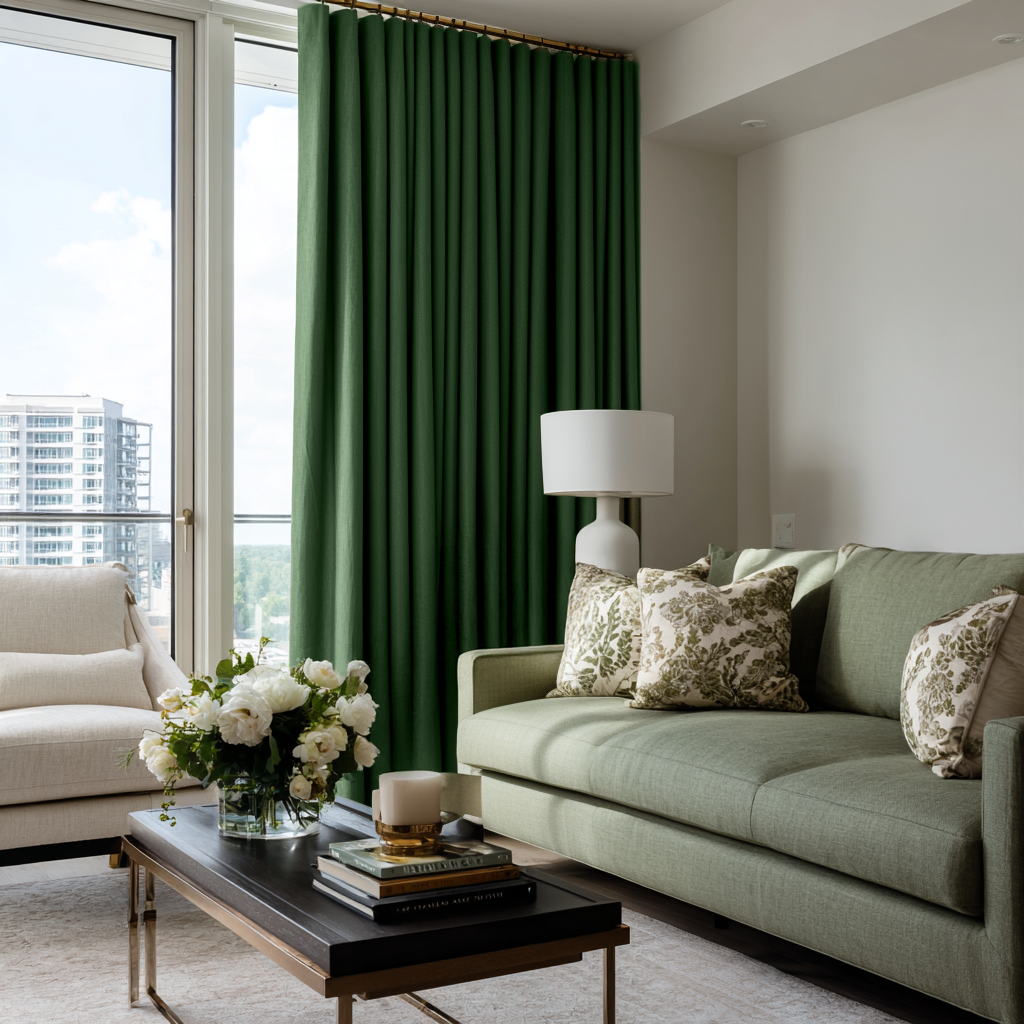 Forest Green Linen Soundproof Curtains with Multitape