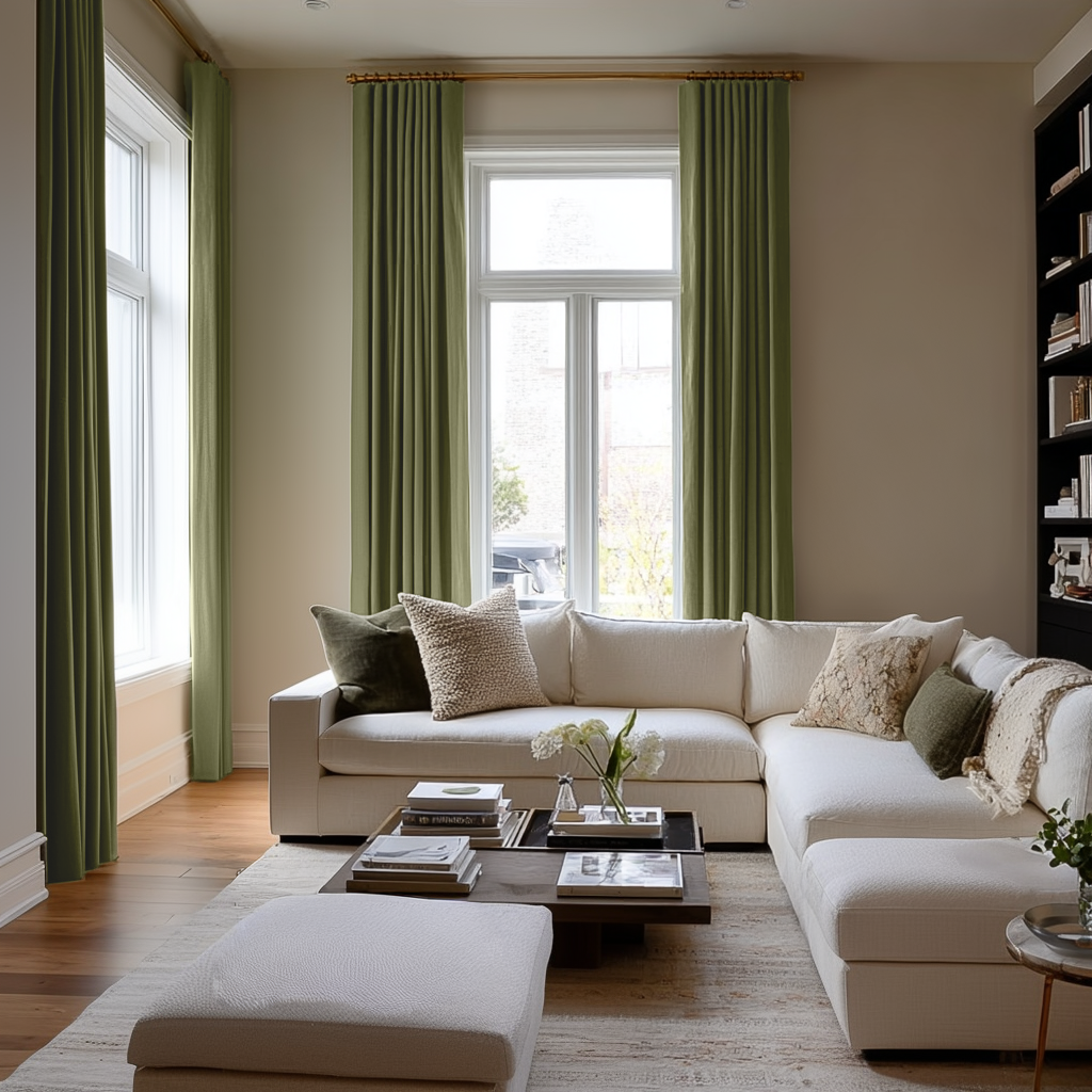 Olive Green Linen Soundproof Curtains with Multitape