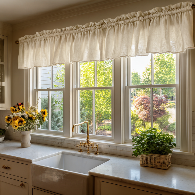 Country Style Cream Linen Valance – Rustic Farmhouse Kitchen Curtains ...