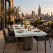 Mint Green Fitted Rectangular Velvet Tablecloth in a Contemporary Rooftop Terrace with Grey Upholstered Chairs