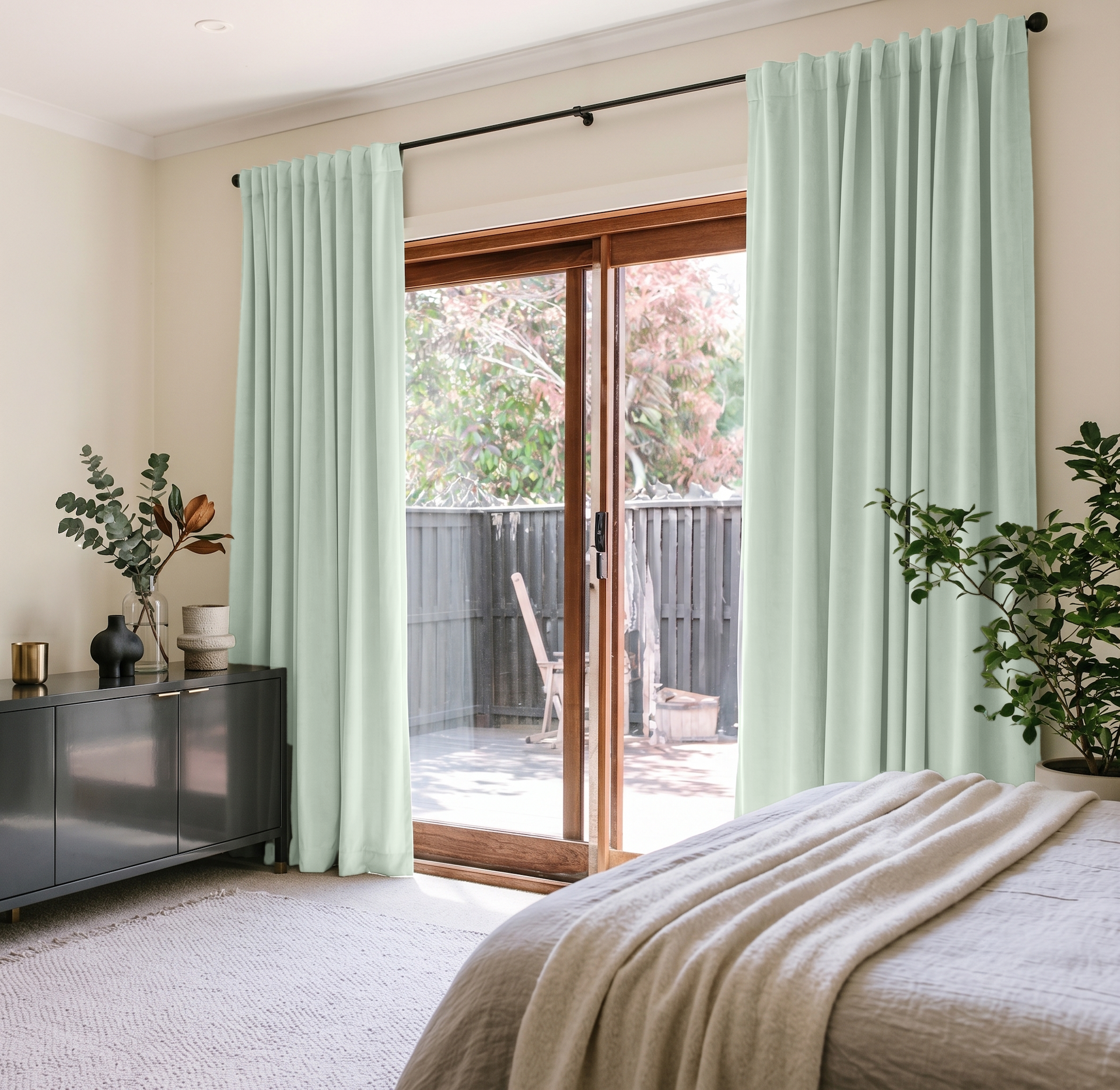 Mint Green Velvet Back Tab Sliding Patio Door Curtains in a Modern Bedroom with White Bedding and a Black Sideboard