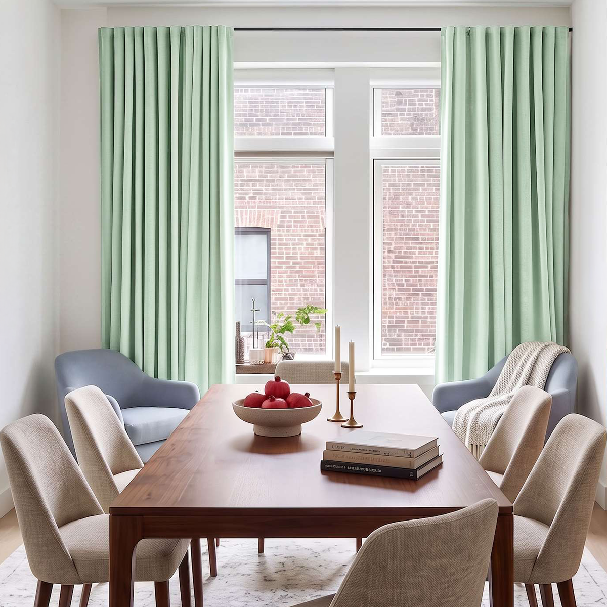 Modern dining room with pale mint S-fold curtains, neutral furniture, and soft natural light.