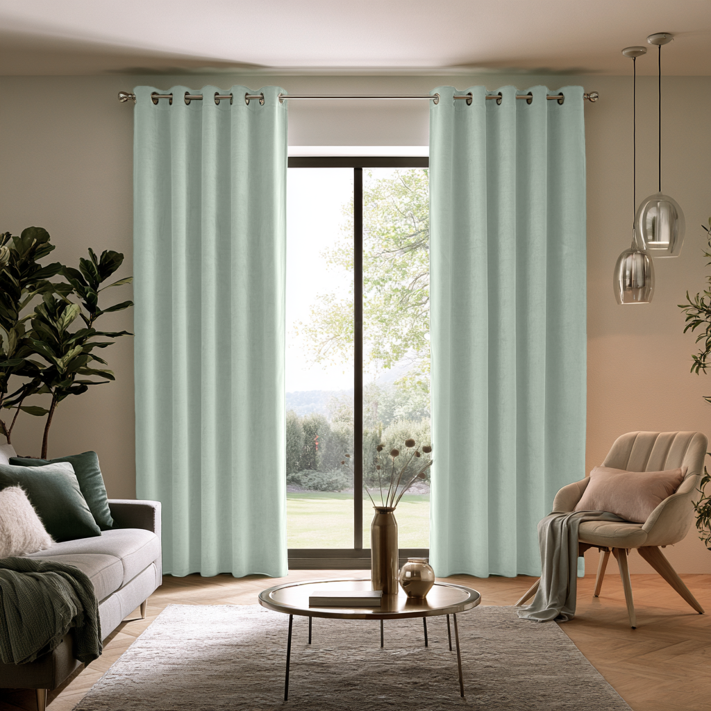 Mint Green Velvet Eyelets Extra Long Curtains in a Contemporary Living Room with Sliding Glass Doors and Garden View