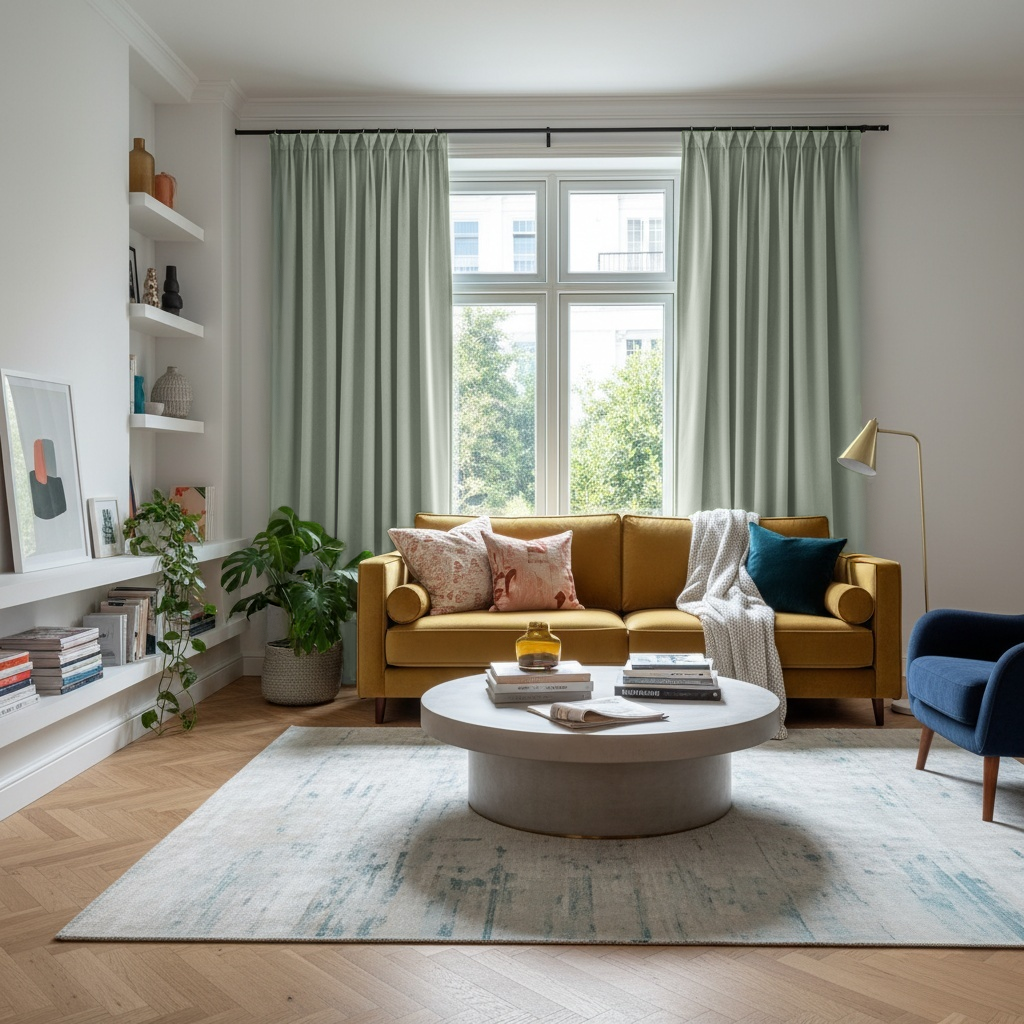 Mint Green Velvet Pinch Pleat Blackout Curtains in a Living Room with Bright White Walls