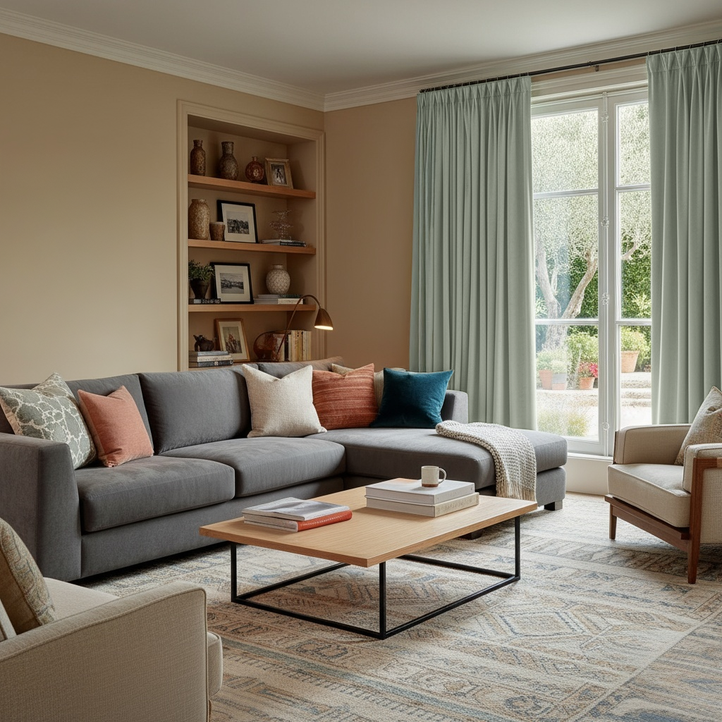 Mint Green Velvet Pinch Pleat Blackout Curtains in a Living Room with Warm Beige Walls
