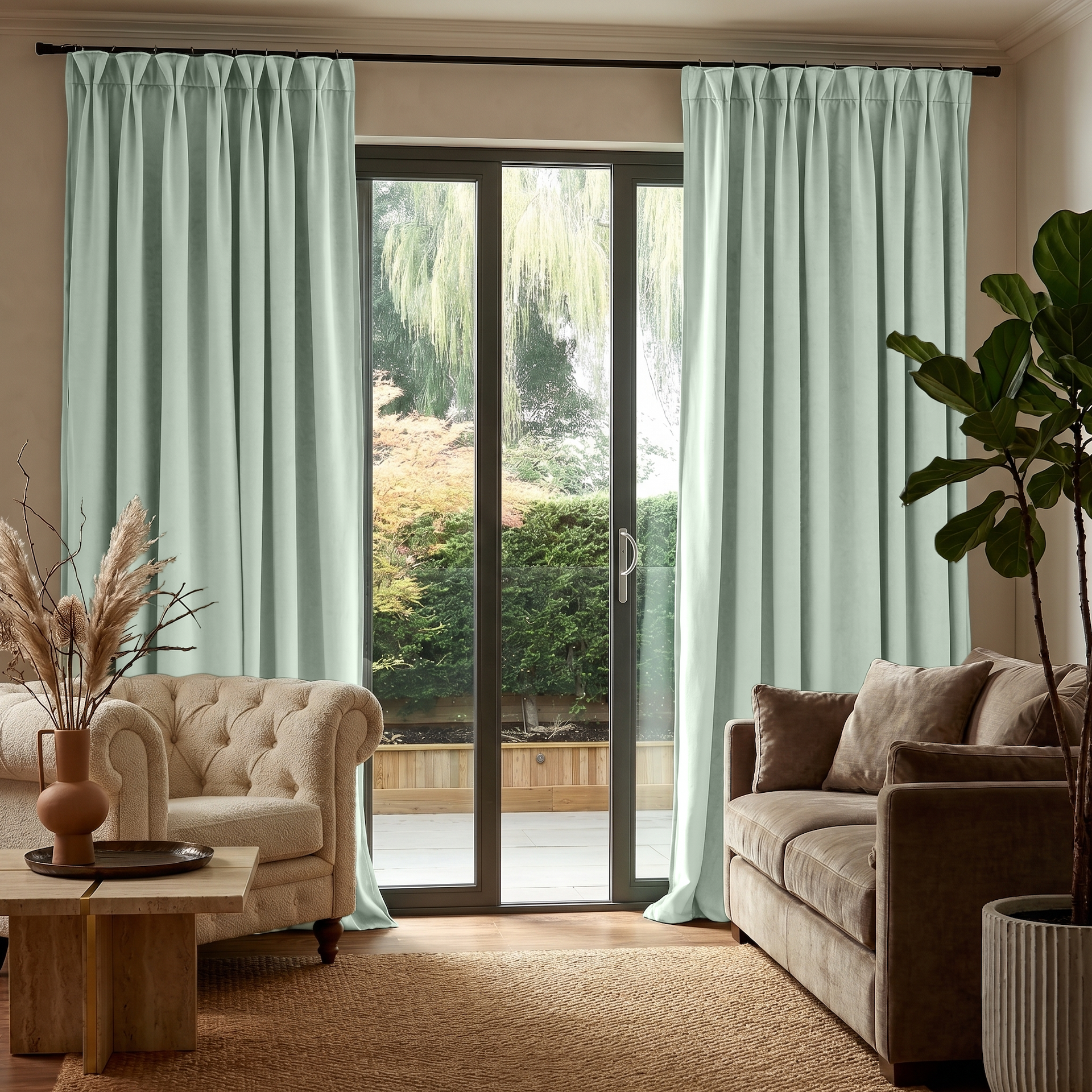 Mint Green Velvet Pinch Pleat Sliding Patio Door Curtains in a Cozy Living Room with Cream Seating and Warm Wood Flooring