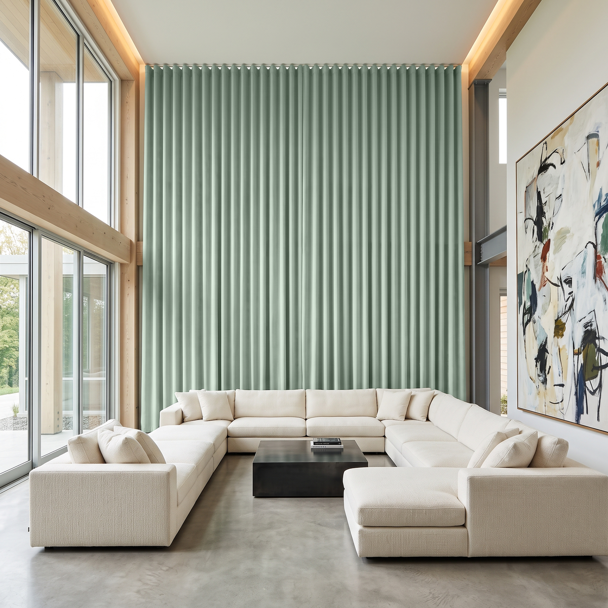 Mint Green Velvet S-Fold Extra Long Curtains in a Modern Double-Height Living Room with Floor-to-Ceiling Windows, Beige Sectional Sofa and Wood Beams