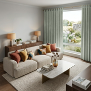 Mint Green Velvet Tab Top Blackout Curtains in a Living Room with Light Grey Walls