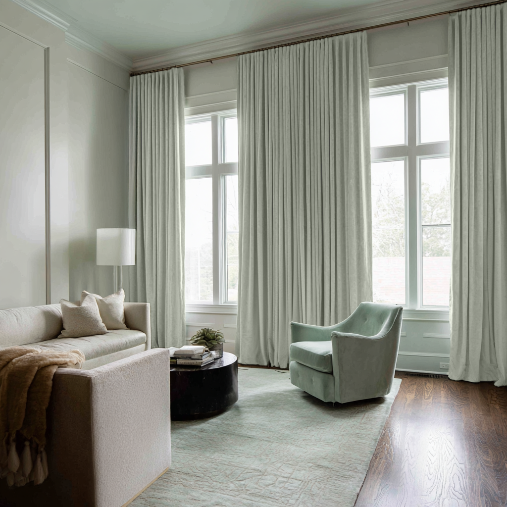 Mint Green Velvet Thermal Curtains with Multitape