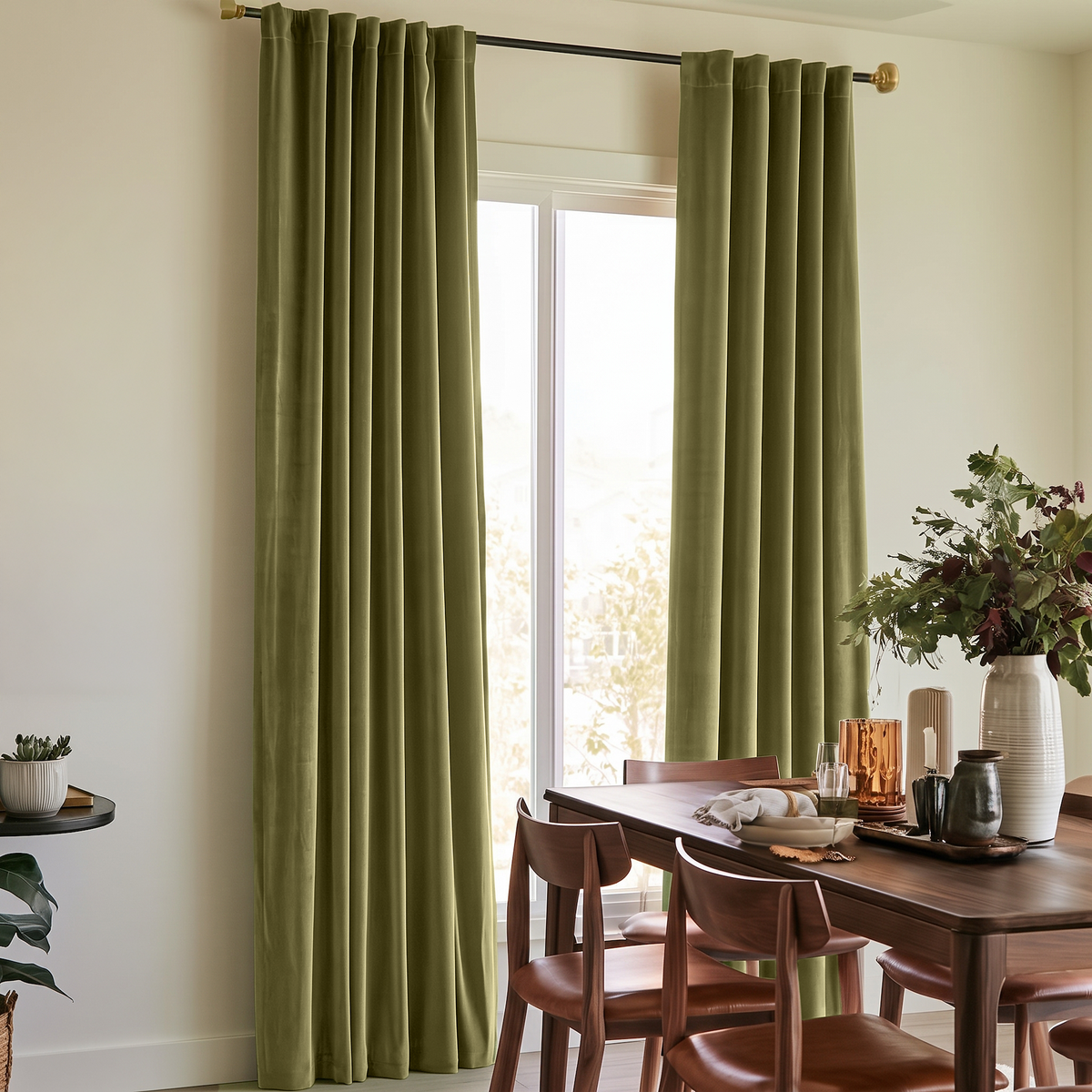 Warm dining room with olive green back-tab curtains, wooden furniture, and soft natural light.
