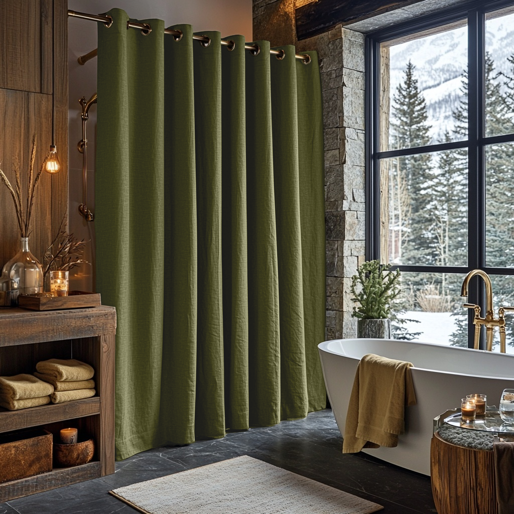 Moss Green Hookless Linen Shower Curtain