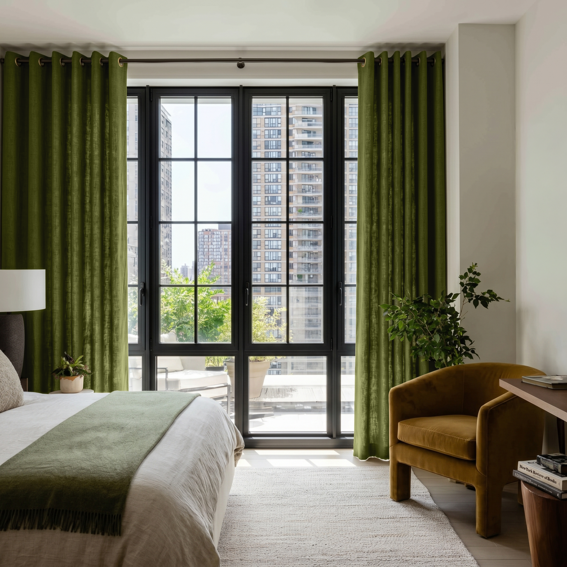 Moss Green Linen Eyelet Bedroom Curtains in a Contemporary Bedroom with  a Mustard Yellow Chair - Cotton Lining