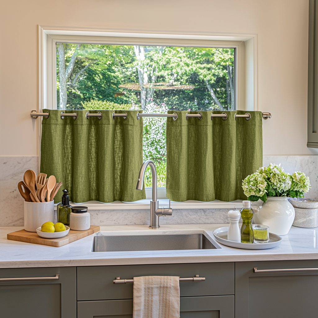 Moss Green Linen Eyelet Cafe Curtains