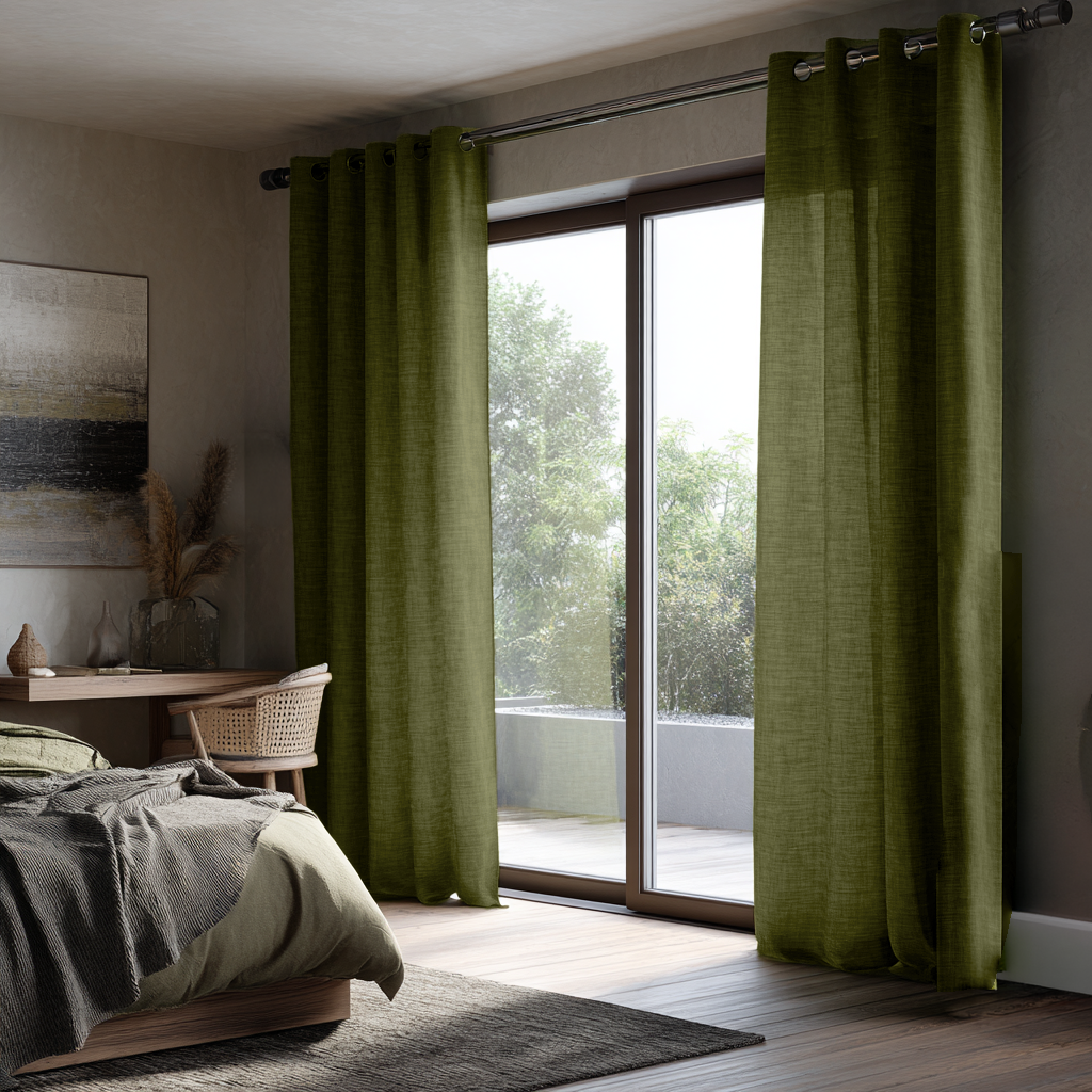 Moss Green Linen Eyelet Curtains for Sliding Doors in a Bedroom with Grey Walls