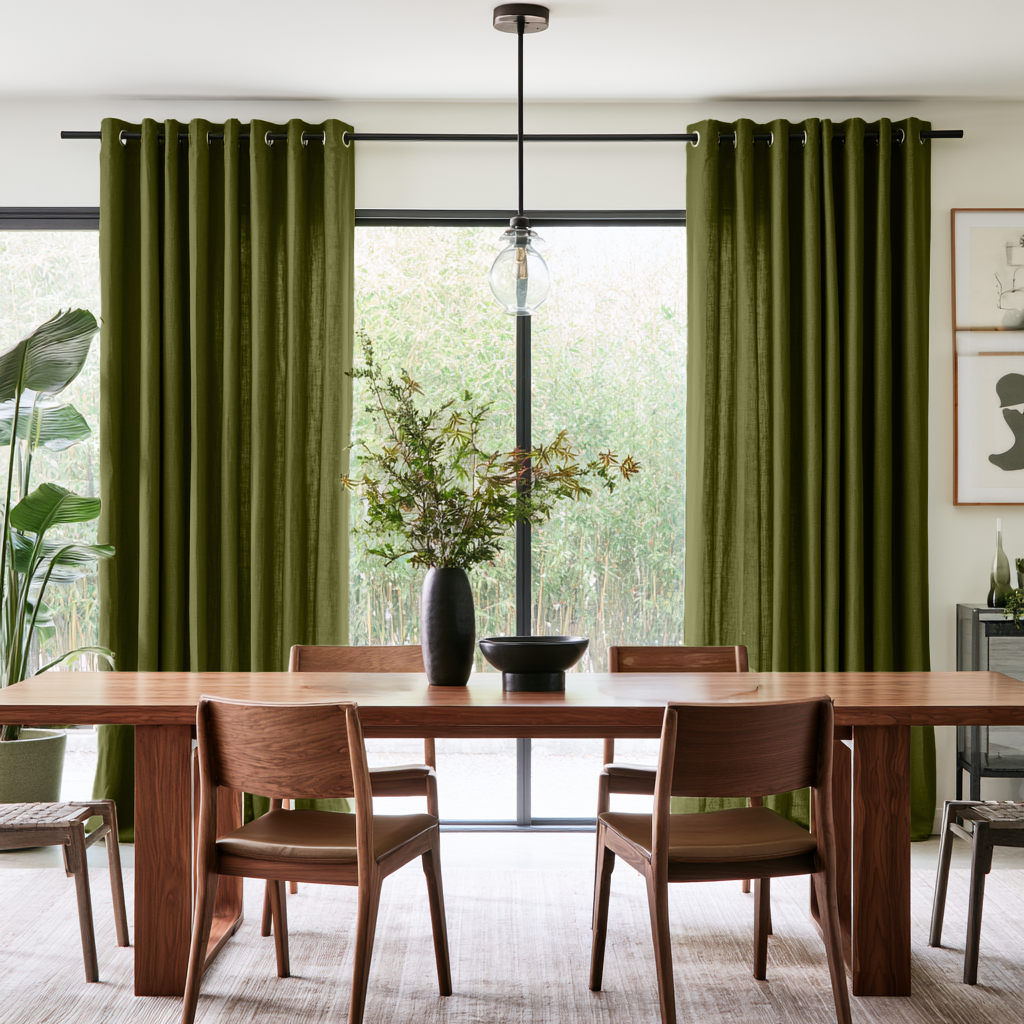 Moss Green Linen Eyelet Curtains in a Contemporary Dining Room with Walnut Furniture and Large Garden Windows