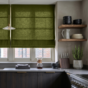 Moss Green Linen Roman Blinds in a Moody Kitchen with Dark Wood Cabinetry - Cotton Lining