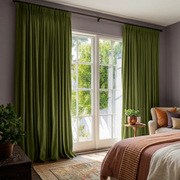 Moss Green Linen Pencil Pleat Curtains in a Cozy Bedroom with Warm Accents - Blackout Lining