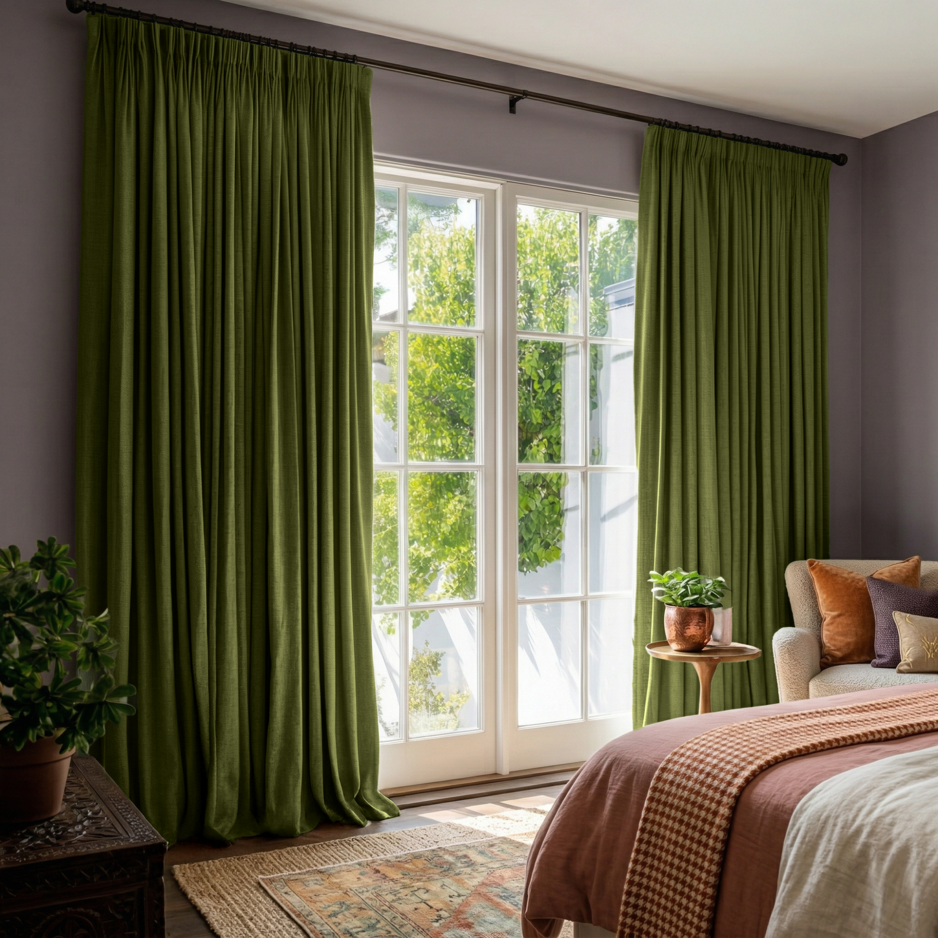 Moss Green Linen Pencil Pleat Curtains in a Cozy Bedroom with Warm Accents - Blackout Lining