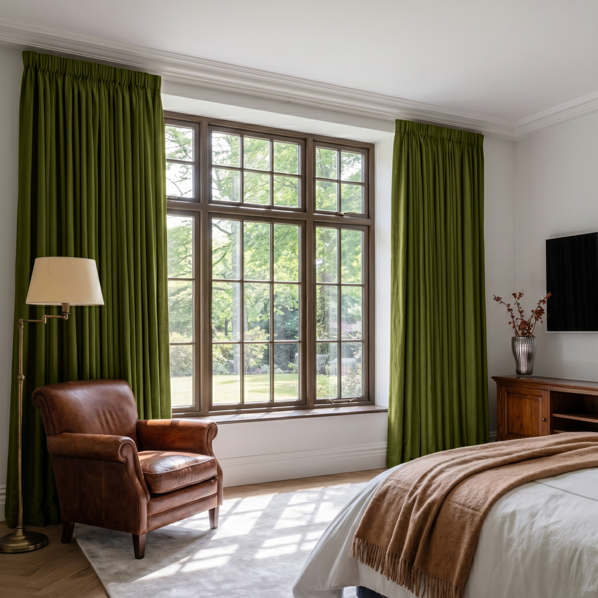 Moss Green Linen Pencil Pleat Curtains in a Bright Bedroom - Cotton Lining