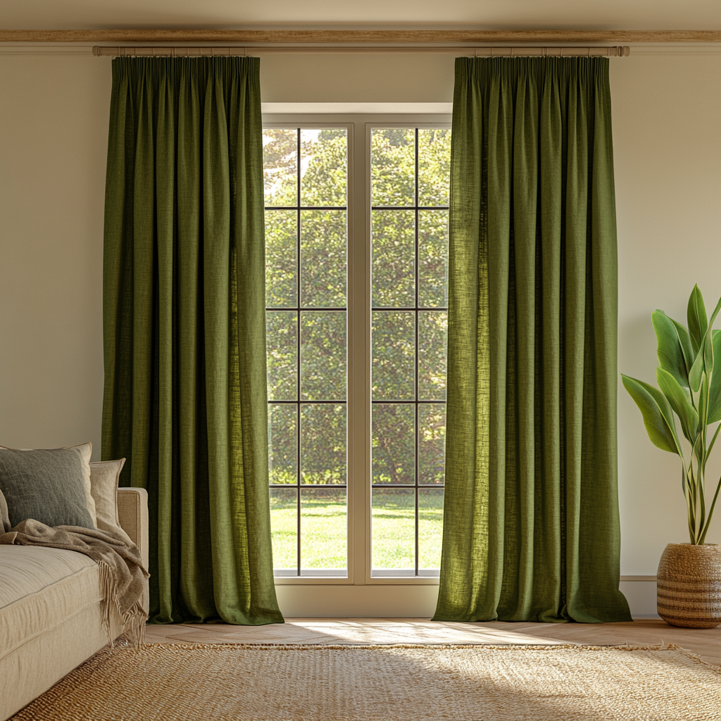 Moss Green Linen Pencil Pleat Cotton Lined Curtain