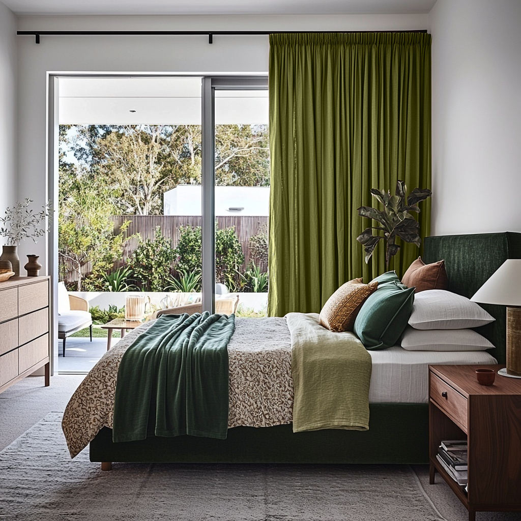 Moss Green Linen Pencil Pleat Curtains for Sliding Doors in a Bedroom with White Walls